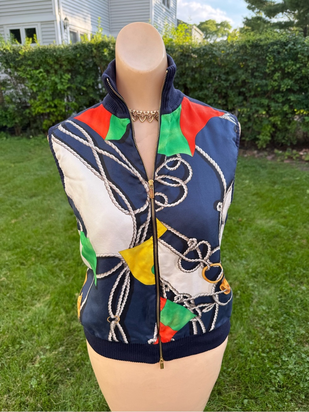 Lauren Ralph Lauren Navy Nautical Print Zip Vest with Red, Green, Yellow Accents